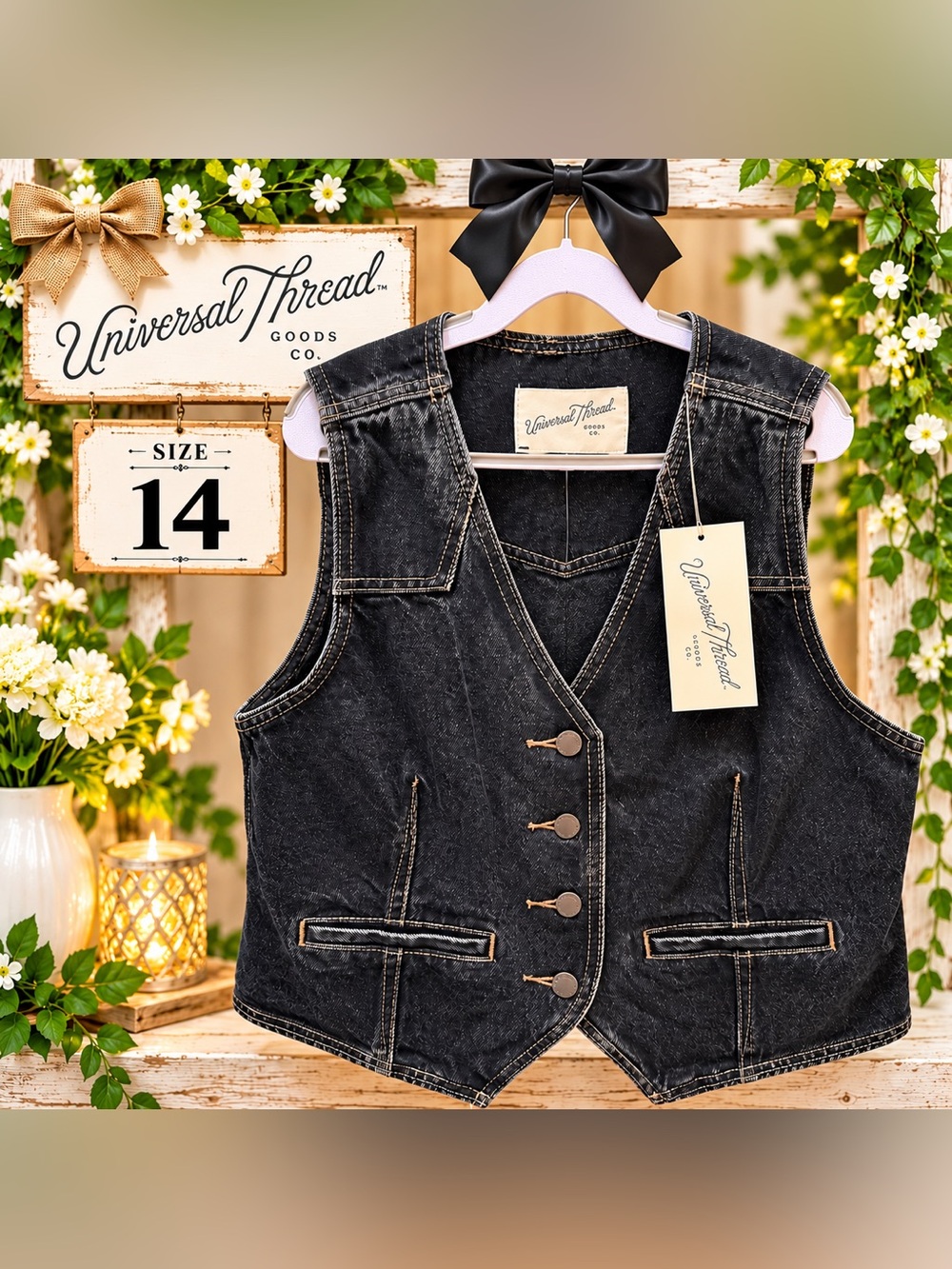 Universal Thread Black Denim Button-Front Vest – Women’s Size 14– NWT